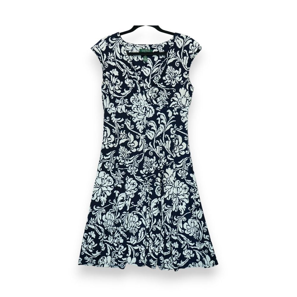 Lauren Ralph Lauren Women's Dress Blue Floral Wrap Midi Cap Sleeve Size‎ 8